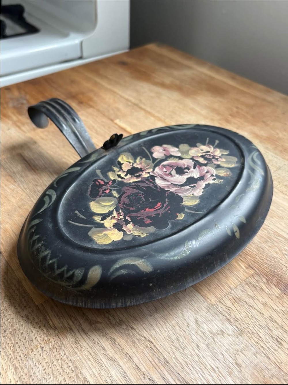 Vintage Toleware Silent Butler Floral Metal Crumb Catcher Sweeper Hand Painted
